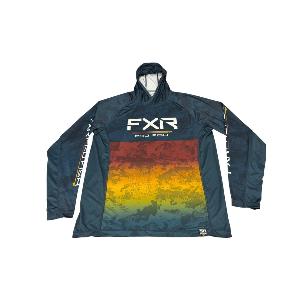 FXR Pro Fish Mens Blue Camo Sunset Gradient UPF 50 Performance Hoodie Size M
